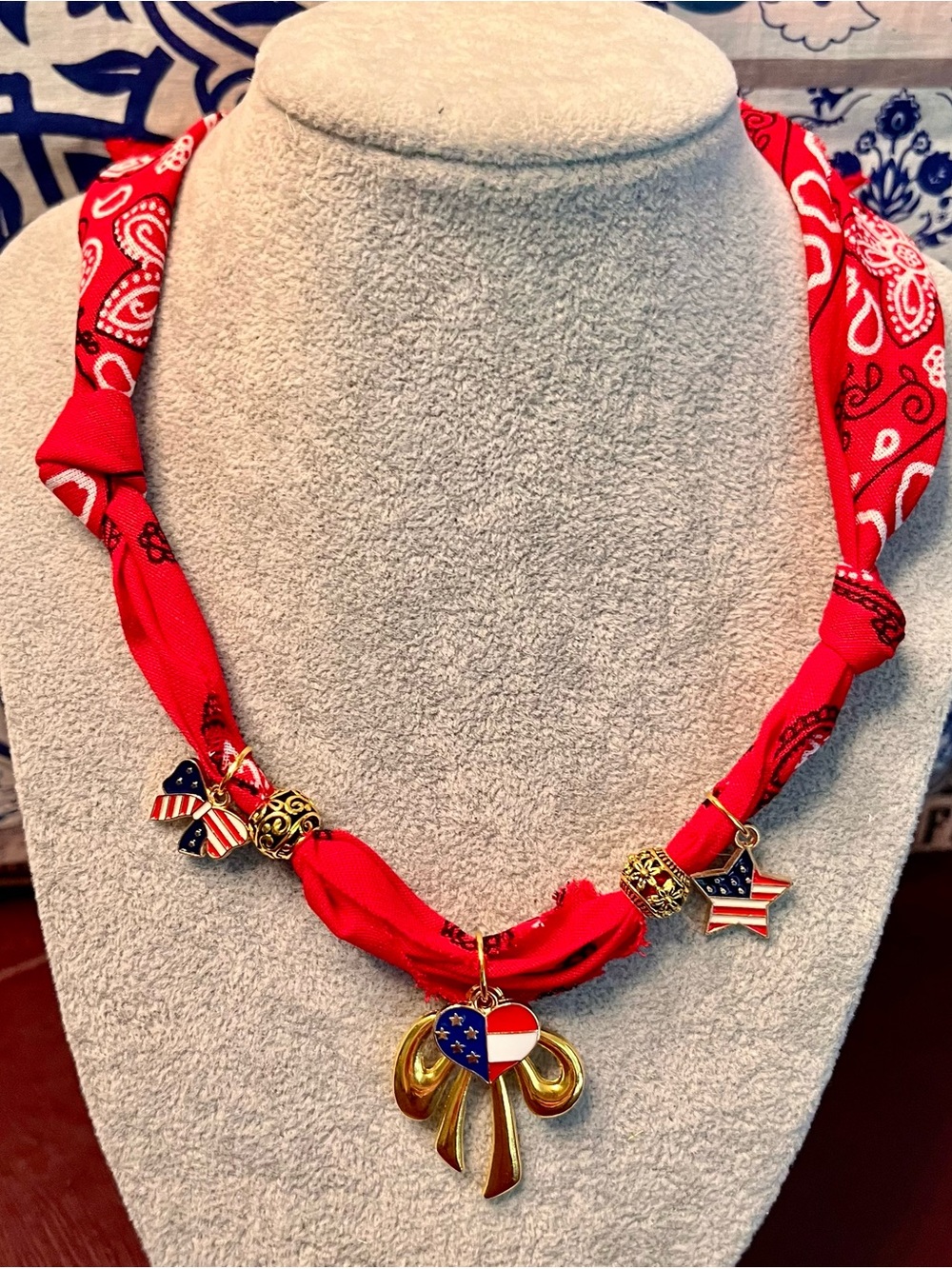 Red Patriotic Boho Bandana Charm Necklace